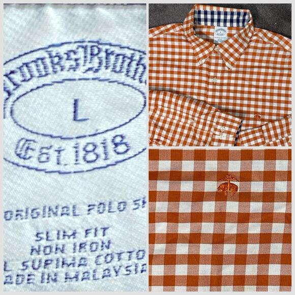 Brooks Brothers Mens L Orange Gingham Button Down Non Iron Supima Cotton Shirt - Picture 1 of 13